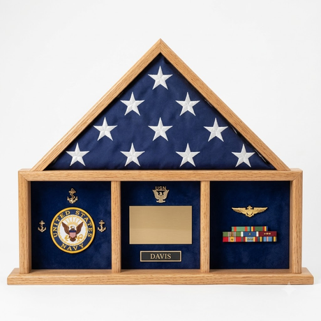 Oak 3 x 5 flag memorial case, Walnut Case, , The Military Gift Store, Three way Flag Frames