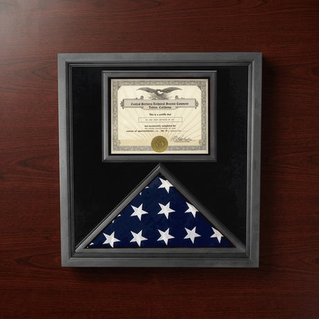 Flag and Certificate Case Black Frame, flag certificate holder, Flag and Certificate Case Black Frame, with certificate holder, The Military Gift Store, Flag and Document Display Case