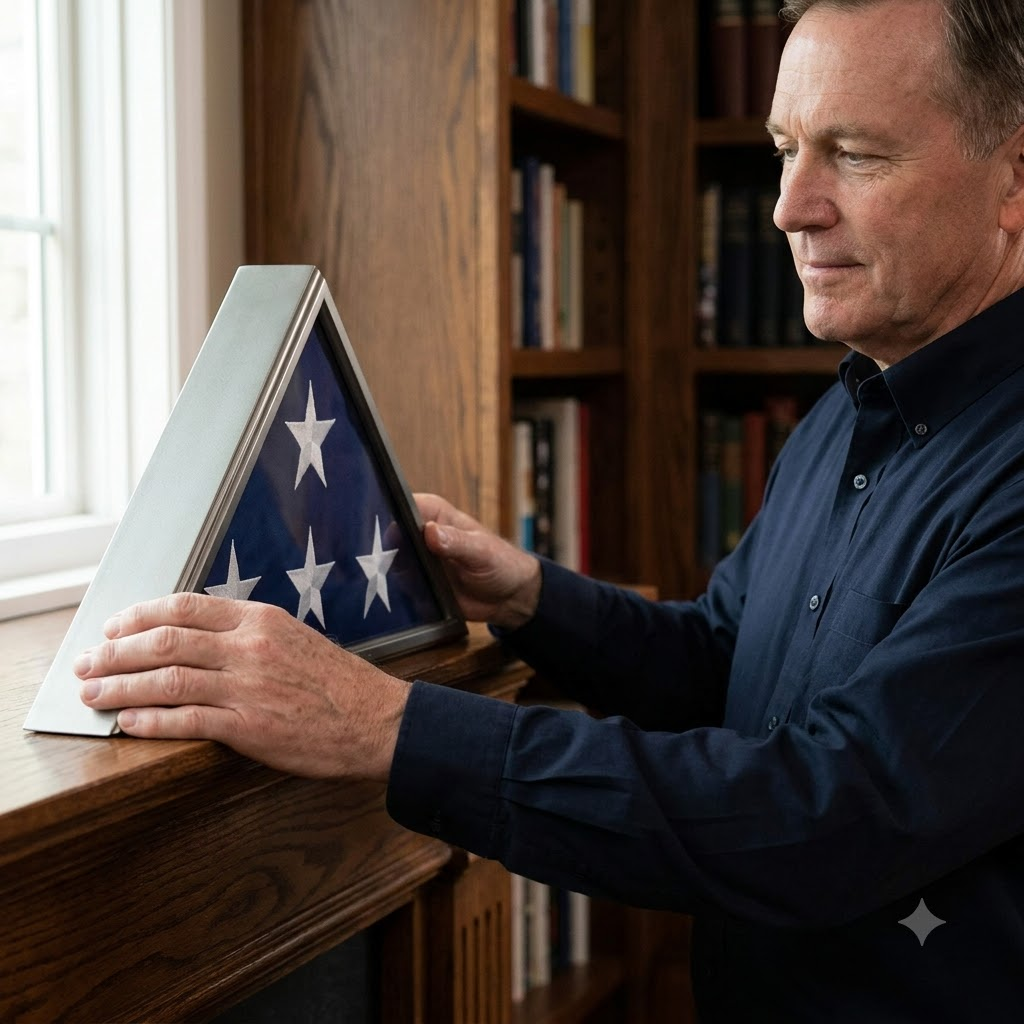 American burial flag case, military burial flag case, veteran flag display case, 5x9.5 American flag case, military flag display case, burial flag display case, folded American flag case, burial flag presentation case, casket flag display case, American flag memorial display, military flag presentation case, veteran memorial display, patriotic flag display case, American flag preservation case, military memorabilia display, funeral flag display case