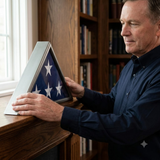 American burial flag case, military burial flag case, veteran flag display case, 5x9.5 American flag case, military flag display case, burial flag display case, folded American flag case, burial flag presentation case, casket flag display case, American flag memorial display, military flag presentation case, veteran memorial display, patriotic flag display case, American flag preservation case, military memorabilia display, funeral flag display case