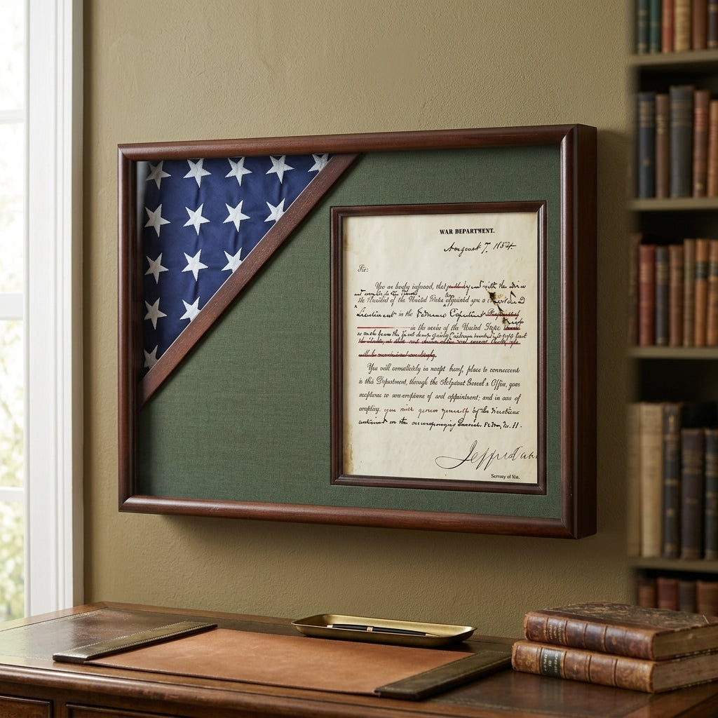 Shadow box for 3' x 5' flag with 8.5 x 11 Document holder, Cherry Finish, Shadow box for 3' x 5' flag with 8.5 x 11 Document holder, The Military Gift Store, Flag and Document Display Case