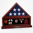 combination flag display case, flag shadow box display case, military flag shadow box, flag and medal display case, flag display shadow box frame, glass front flag shadow box case, handcrafted wooden flag display case, wall mounted flag shadow box display, large flag shadow box for folded flag, lockable flag display shadow box