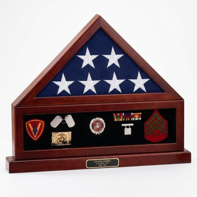combination flag display case, flag shadow box display case, military flag shadow box, flag and medal display case, flag display shadow box frame, glass front flag shadow box case, handcrafted wooden flag display case, wall mounted flag shadow box display, large flag shadow box for folded flag, lockable flag display shadow box