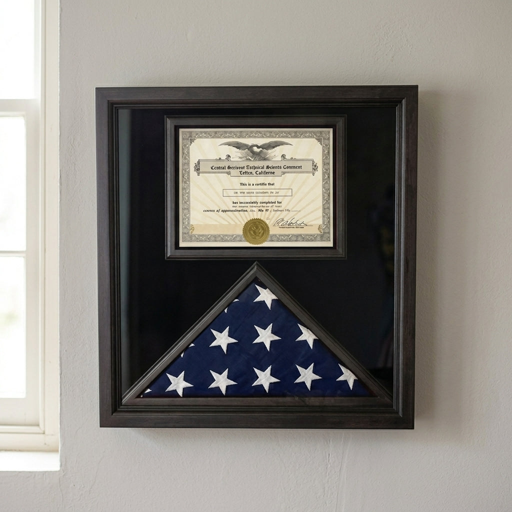 premium flag document case, USA made flag display case, solid wood flag case black finish, flag and document display case, black flag display case, black finish wooden flag case with glass panel, handcrafted solid wood flag display case USA, wall mountable flag and certificate display case, durable premium wood flag document frame, triangular folded flag display case with document section