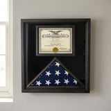 premium flag document case, USA made flag display case, solid wood flag case black finish, flag and document display case, black flag display case, black finish wooden flag case with glass panel, handcrafted solid wood flag display case USA, wall mountable flag and certificate display case, durable premium wood flag document frame, triangular folded flag display case with document section