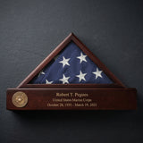 personalized flag and pedestal display case 3x5, capitol flag display case with pedestal, 3x5 flag display case with personalized base, American flag pedestal display case custom engraved, flag and pedestal case for capitol flag, engraved nameplate flag display case with pedestal, glass front capitol flag case with wooden pedestal, oak cherry personalized flag display case with stand, custom text flag case with pedestal base, flag shadow box with personalized pedestal stand
