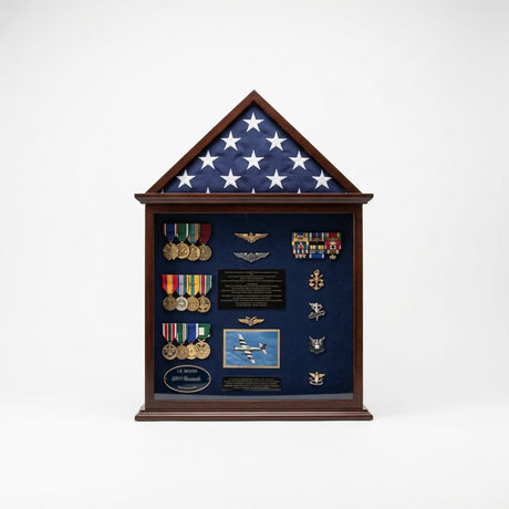 flag and badge display case 3x5, 3x5 flag display case with badge holder, American flag and badge display case, military flag and badge shadow box, wooden flag and badge display case, flag display case with badge compartment, glass front flag and badge shadow box, oak cherry wood flag and badge display case, wall mounted flag and badge display case, flag case with badge holder and backboard