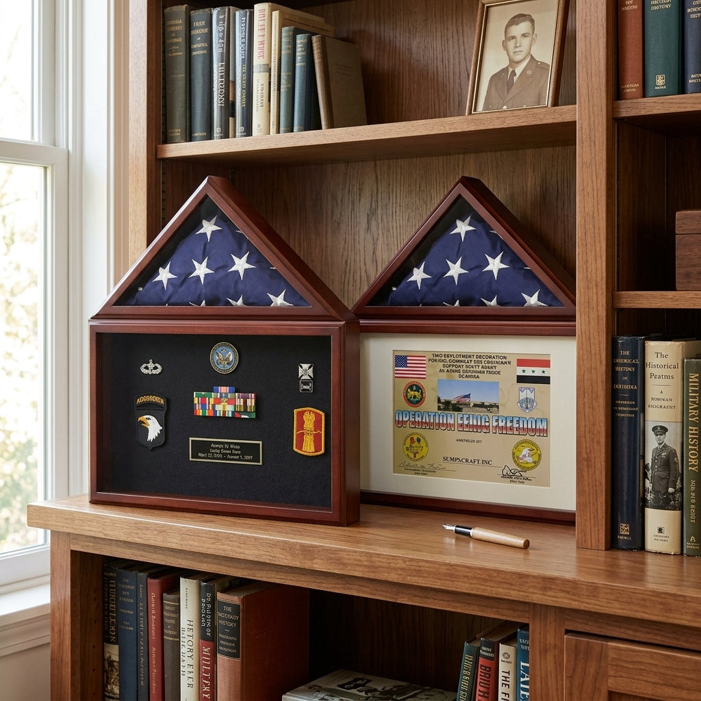 flag and certificate display case, flag plus certificate display case, flag document display case, flag and diploma display case, flag display case with certificate holder, glass front flag and certificate display case, handcrafted wood flag document display case, wall mounted flag and certificate frame, solid wood flag display case with document holder, triangular folded flag case with certificate section