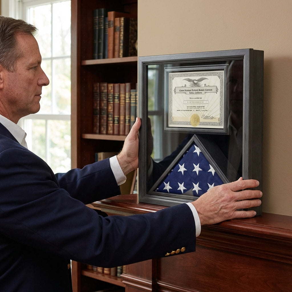 premium flag document case, USA made flag display case, solid wood flag case black finish, flag and document display case, black flag display case, black finish wooden flag case with glass panel, handcrafted solid wood flag display case USA, wall mountable flag and certificate display case, durable premium wood flag document frame, triangular folded flag display case with document section