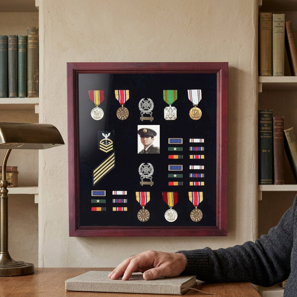 flag display case combination, flag medal photo display case, 3x5 flag display case, military flag shadow box, flag and medal display case, glass front flag medal photo shadow box, handcrafted wood combination flag display case, wall mountable flag and medal photo display case, large 3x5 flag display case with multi compartments, triangular folded flag case with medal and photo section, military retirement flag medal photo display case, veteran memorial shadow box with flag medals photo, funeral burial flag