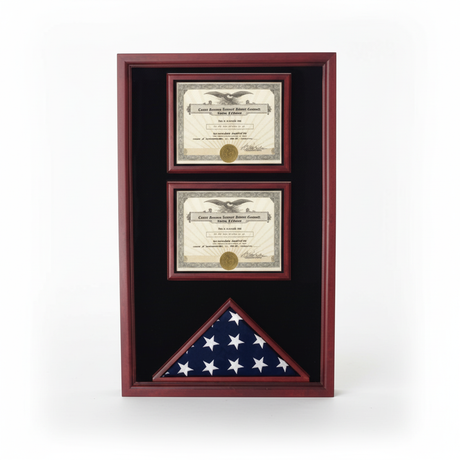 flag display case with certificate holder 3x5, 2 certificate flag display case 3x5, flag and document display case 3ft x 5ft, military flag case with certificate slots, flag display case with 2 certificates, glass front flag and certificate display case, solid wood flag display case with document holder, wall mounted flag and certificate frame, multi-purpose flag and certificate display box, flag shadow box with 2 document holders