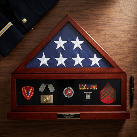 combination flag display case, flag shadow box display case, military flag shadow box, flag and medal display case, flag display shadow box frame, glass front flag shadow box case, handcrafted wooden flag display case, wall mounted flag shadow box display, large flag shadow box for folded flag, lockable flag display shadow box