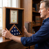 flag and document case, flag display case with document holder, military flag and certificate display case, American flag and document display case, flag case with certificate holder, flag and award display case, glass front flag and document case, engraved flag and certificate display case, wall mount flag and document display case, tabletop flag and document display frame, flag case with photo and certificate holder