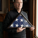 US made flag case 3x5, American made flag display case, flag case for 3x5 American flag, USA flag display case wood, 3x5 flag case made in USA, solid wood USA made flag case, glass front American made flag case, wall mount flag case 3x5 USA made, tabletop flag display case made in USA, handcrafted wooden flag case USA, triangular flag display case 3x5