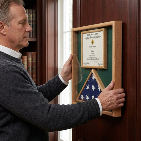 flag and certificate display case, flag display case with certificate holder, flag and document display frame, military flag and certificate case, flag shadow box with certificate, solid wood flag and certificate display case, glass front flag display case with document holder, flag shadow box with certificate compartment, large flag display case with certificate frame, durable military flag and document display case