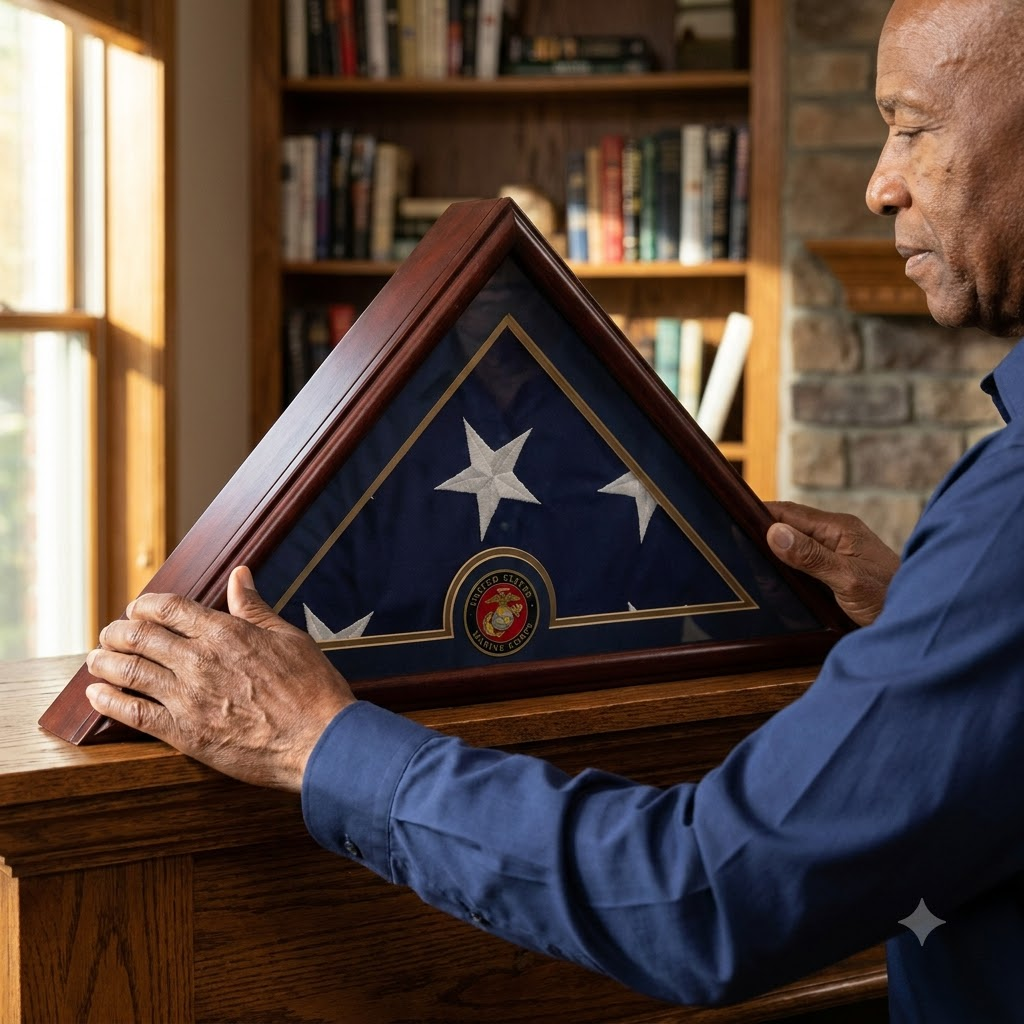 Marine Flag Display Case Box, 5x9 Burial - Funeral - Veteran Elegant Wood Display Case, Marine Flag Display Case Box, 5x9 Burial - Funeral - Veteran Elegant, The Military Gift Store, Triangle flag display