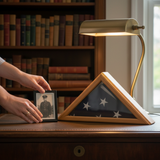 officers flag display case 3x5 oak wood, oak military flag display case 3ft x 5ft, flag shadow box for 3x5 folded flag, oak wood flag case for veterans, military flag case oak finish, solid oak wood flag shadow box 3x5, glass front display case for folded flag, triangular oak flag display case, wall mounted oak military flag case, classic oak finish flag shadow box