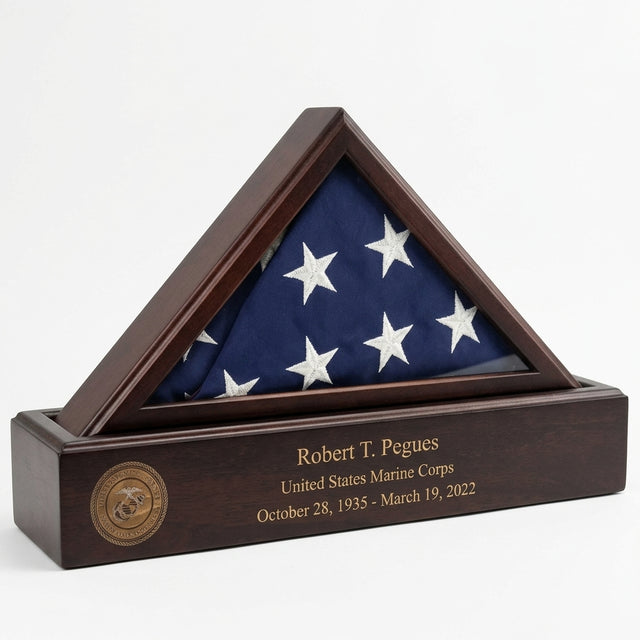 personalized flag and pedestal display case 3x5, capitol flag display case with pedestal, 3x5 flag display case with personalized base, American flag pedestal display case custom engraved, flag and pedestal case for capitol flag, engraved nameplate flag display case with pedestal, glass front capitol flag case with wooden pedestal, oak cherry personalized flag display case with stand, custom text flag case with pedestal base, flag shadow box with personalized pedestal stand