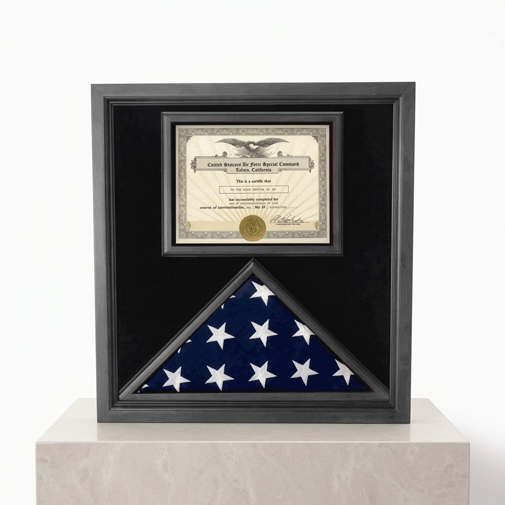 premium flag document case, USA made flag display case, solid wood flag case black finish, flag and document display case, black flag display case, black finish wooden flag case with glass panel, handcrafted solid wood flag display case USA, wall mountable flag and certificate display case, durable premium wood flag document frame, triangular folded flag display case with document section