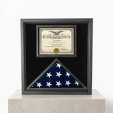 premium flag document case, USA made flag display case, solid wood flag case black finish, flag and document display case, black flag display case, black finish wooden flag case with glass panel, handcrafted solid wood flag display case USA, wall mountable flag and certificate display case, durable premium wood flag document frame, triangular folded flag display case with document section