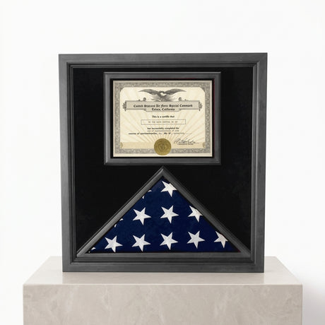premium flag document case, USA made flag display case, solid wood flag case black finish, flag and document display case, black flag display case, black finish wooden flag case with glass panel, handcrafted solid wood flag display case USA, wall mountable flag and certificate display case, durable premium wood flag document frame, triangular folded flag display case with document section