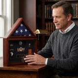 flag and certificate display case, flag plus certificate display case, flag document display case, flag and diploma display case, flag display case with certificate holder, glass front flag and certificate display case, handcrafted wood flag document display case, wall mounted flag and certificate frame, solid wood flag display case with document holder, triangular folded flag case with certificate section