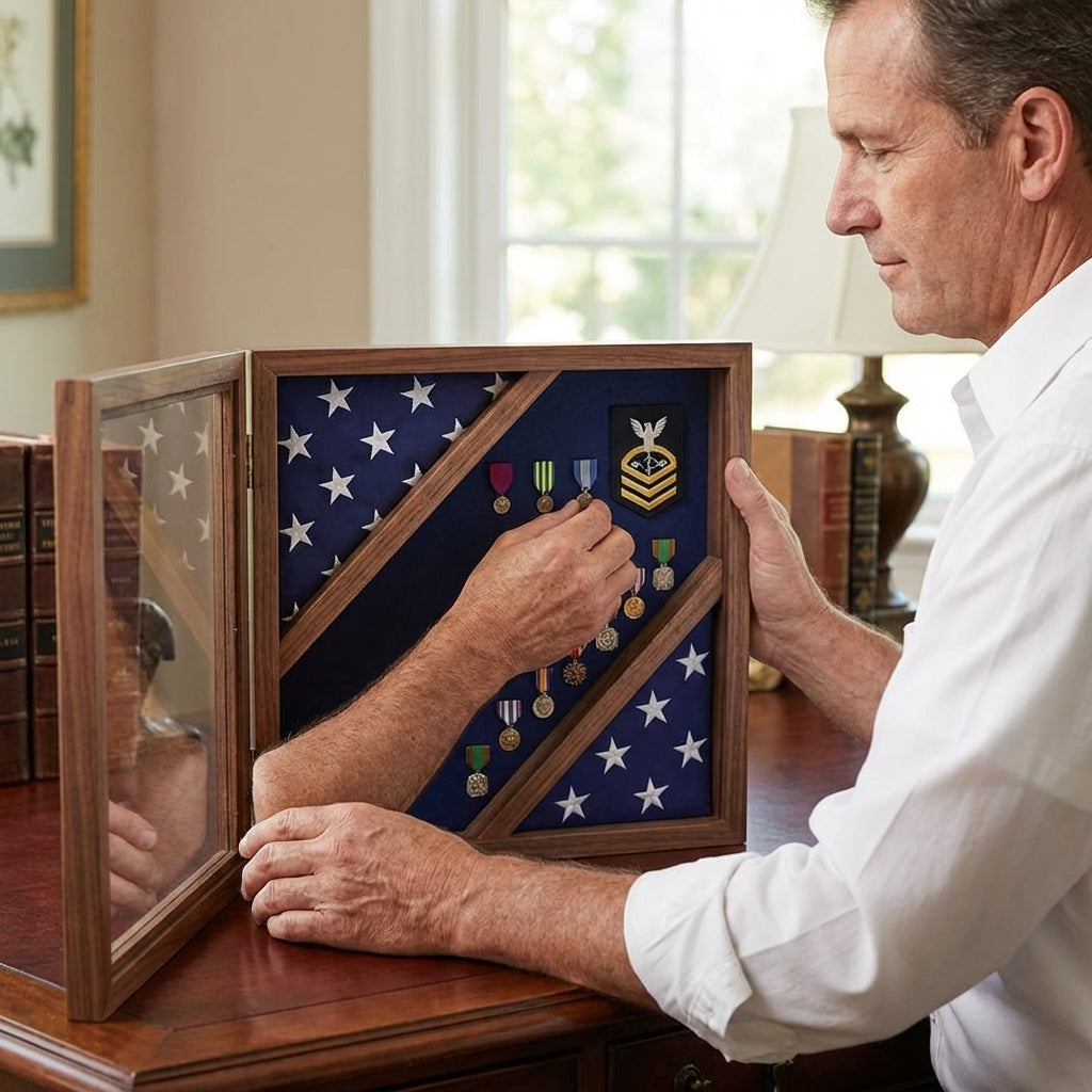 flag display box, wooden flag display case, red white and blue flag box, patriotic flag display case, wood flag box, glass front wooden flag display box, handcrafted patriotic wood flag case, wall mountable flag display box, durable solid wood red white blue flag case, triangular folded flag display box, memorial flag display box patriotic theme, veteran gift red white blue flag case, military retirement flag display box
