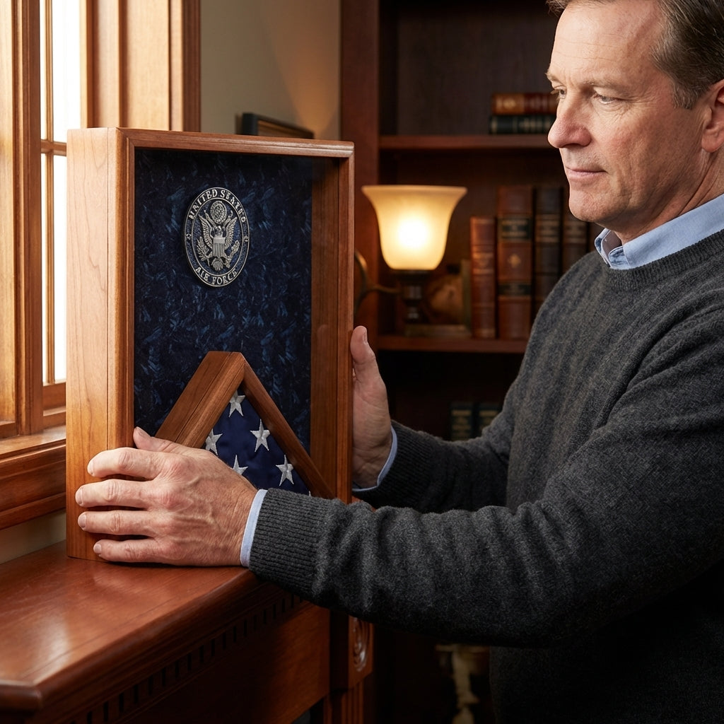 Air Force flag display case, USAF flag case, military flag display case 3x5, Air Force flag case wood, 3x5 flag display case, glass front Air Force flag display case, solid wood USAF flag case, wall mountable Air Force flag display case, triangular folded flag display case Air Force, premium wooden Air Force flag frame