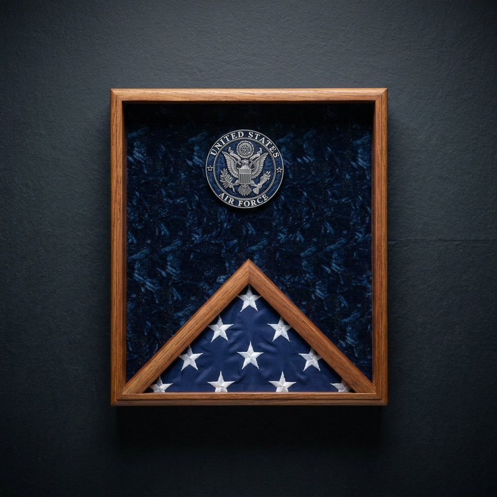 Air Force flag display case, USAF flag case, military flag display case 3x5, Air Force flag case wood, 3x5 flag display case, glass front Air Force flag display case, solid wood USAF flag case, wall mountable Air Force flag display case, triangular folded flag display case Air Force, premium wooden Air Force flag frame