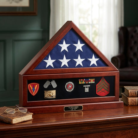 combination flag display case, flag shadow box display case, military flag shadow box, flag and medal display case, flag display shadow box frame, glass front flag shadow box case, handcrafted wooden flag display case, wall mounted flag shadow box display, large flag shadow box for folded flag, lockable flag display shadow box