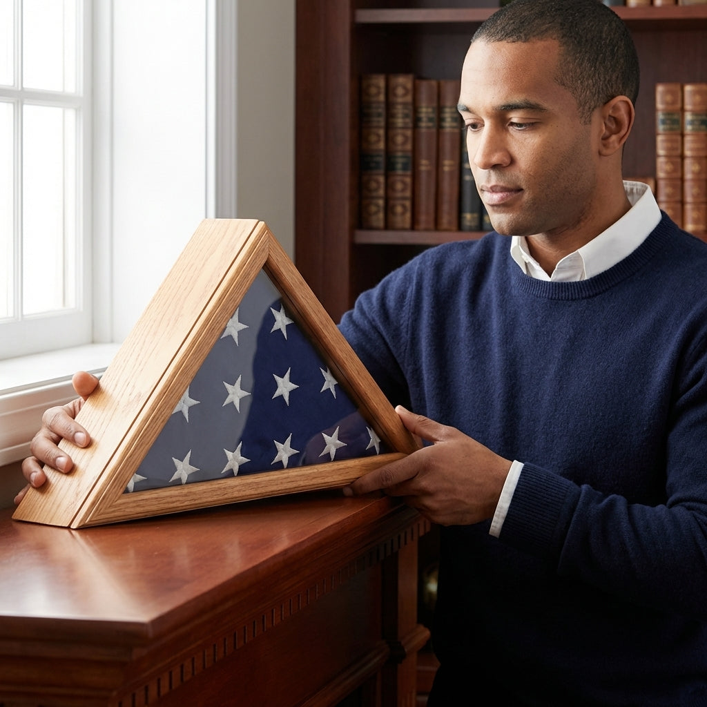 officers flag display case 3x5 oak wood, oak military flag display case 3ft x 5ft, flag shadow box for 3x5 folded flag, oak wood flag case for veterans, military flag case oak finish, solid oak wood flag shadow box 3x5, glass front display case for folded flag, triangular oak flag display case, wall mounted oak military flag case, classic oak finish flag shadow box
