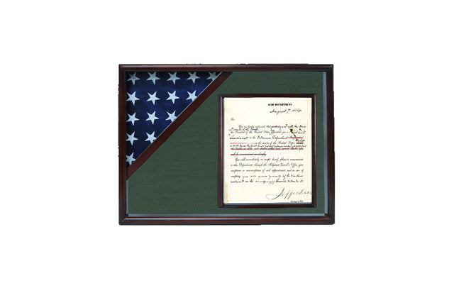 Shadow box for 3' x 5' flag with 8.5 x 11 Document holder , Cherry Finish