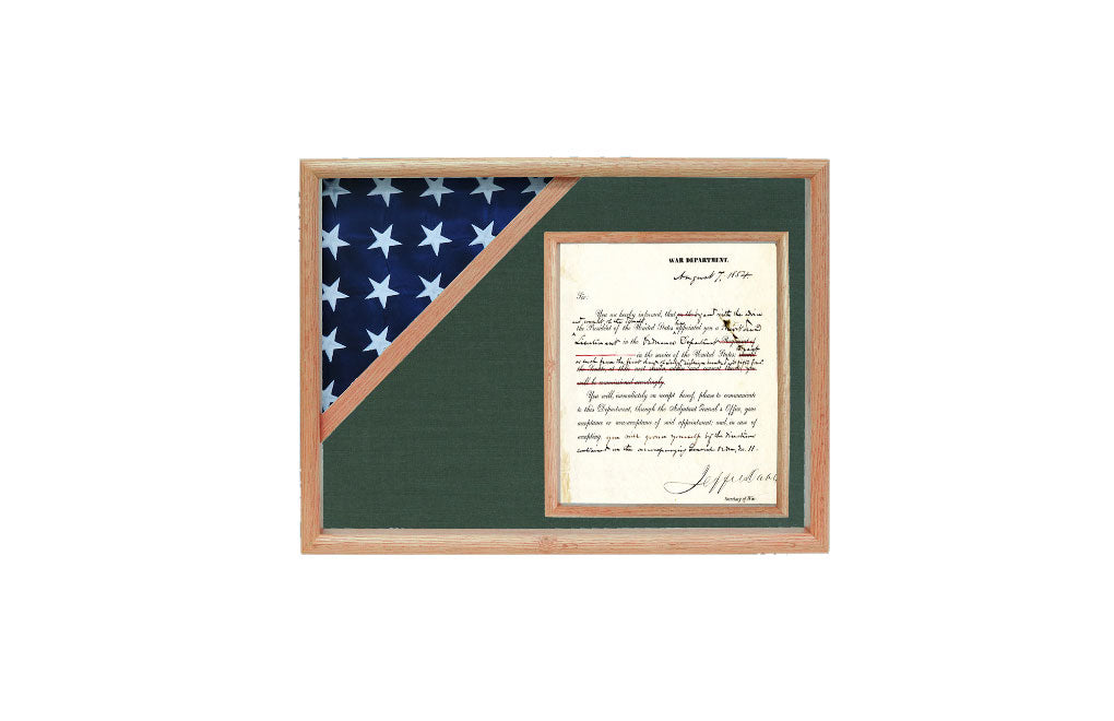 shadow box for 3' x 5' flag with 8.5 x 11 Document holder , Oak Finish