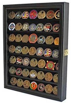 Challenge Coin / Casino Chip Display Case Cabinet Holder Shadow Box, Glass Door, Black