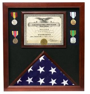 Flag medal display case, great flag case for retirement certificate our finest quality case