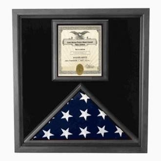 Flag and Certificate Case Black Frame, American Made prominently display an 8.5 X 11 certificate