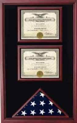 American Flag and 2 Certificates Cases Shadow Box, Military Flag Display Cases