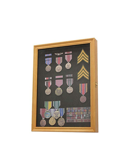 Oak Finish Display Case Wall Frame Cabinet for Military Medals, Pins, Patches, Insignia.