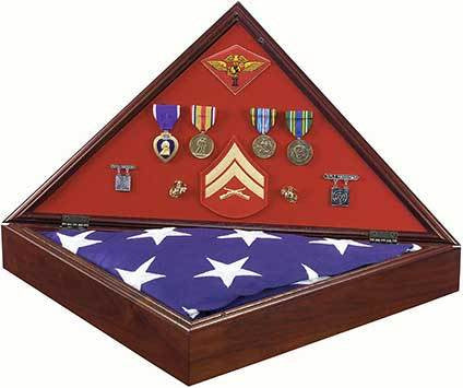 Marine Corps Military Shadow Box AMERICAN MADE Flag Case Brass Marines Logo