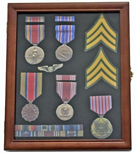 Flag Connections Medal Display Case Award Shadow Box, with glass door, Wall Mountable, Walnut Finish