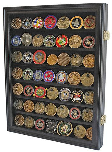 Lockable Military Challenge Coin Casino Chip Display Case Cabinet Rack, Real Glass Door, COIN26-BLA