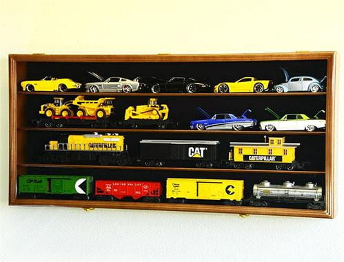 O Scale Train Display Case Cabinet Wall Rack w/ UV Protection- Lockable - Walnut