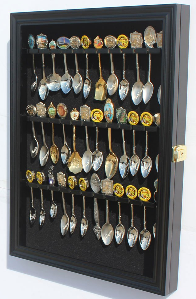 Tea Spoon Souvenir Spoon Display Case Rack Cabinet, Real Glass Door Cherry Finish