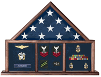 Flag and Memorabilia, Flag Shadow Box, Combination Flag Medal 3 Bay Mantle Military Shadow Box