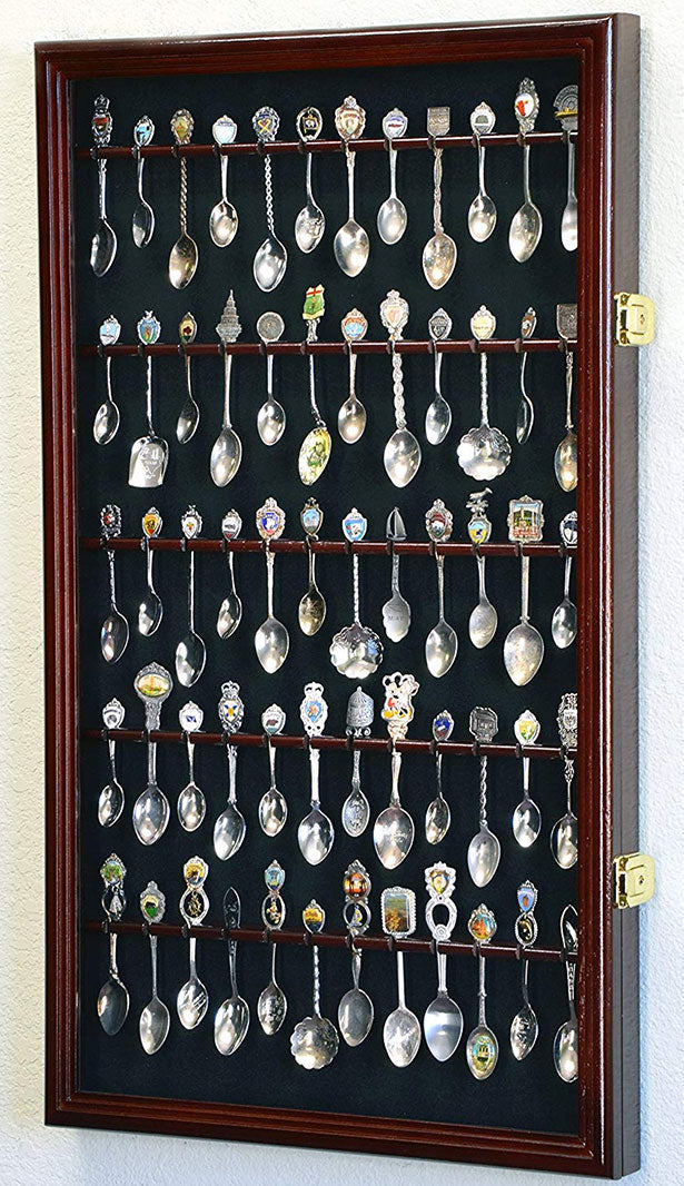 50 Spoon Display Case Cabinet Holder Rack Wall Mounted -Cherry Finish