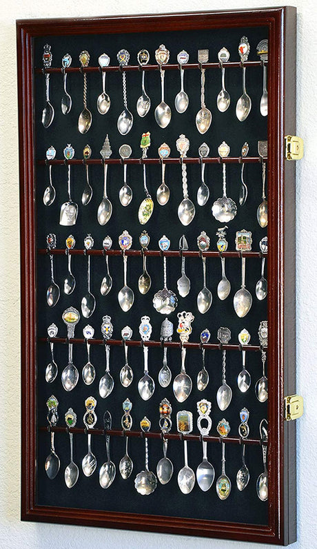 50 Spoon Display Case Cabinet Holder Rack Wall Mounted -Cherry Finish