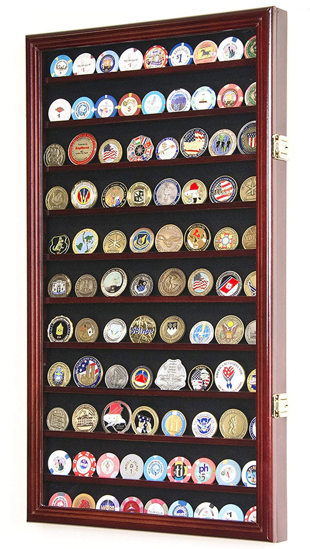 L Military Challenge Coin Display Case Cabinet Rack Holder Stand Box w/UV Protection, Cherry Finish
