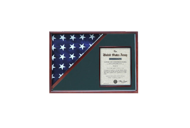 Shadow box for 5' x 9.5' flag with 8.5 x 11 Document holder , Cherry Finish