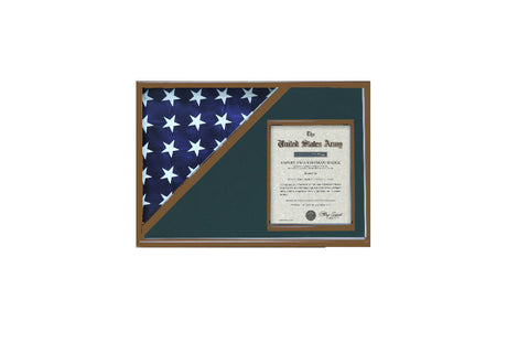 Shadow box for 5' x 9.5' flag with 8.5 x 11 Document holder , Walnut Finish