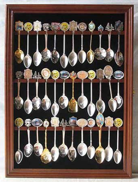 Tea Spoon Souvenir Spoon Display Case Rack Cabinet, Real Glass Door, (Walnut Finish)